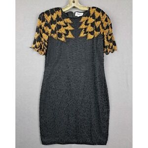 Vintage Amor Dress Womens Medium Black Gold Beaded Silk Wing Sleeve Cocktail New
